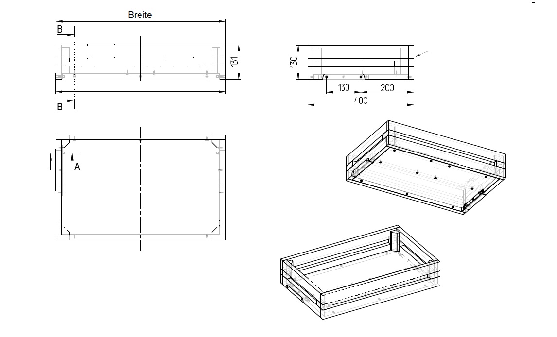 Holzkiste für Ladenbau Regalsystem X. Zeichnung
