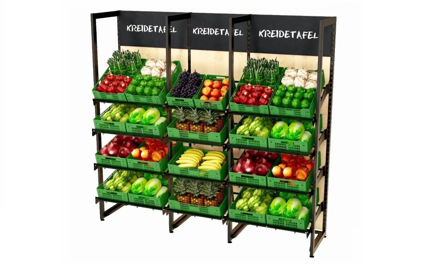 Flexibel erweiterbare Obst und Gemüseregale von A-West. Verschiedene Designs mit Holz und Metall. Belastbar, für schwere Kisten geeignet